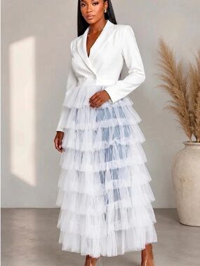 White Blazer Maxi Dress with Ruffled Tulle